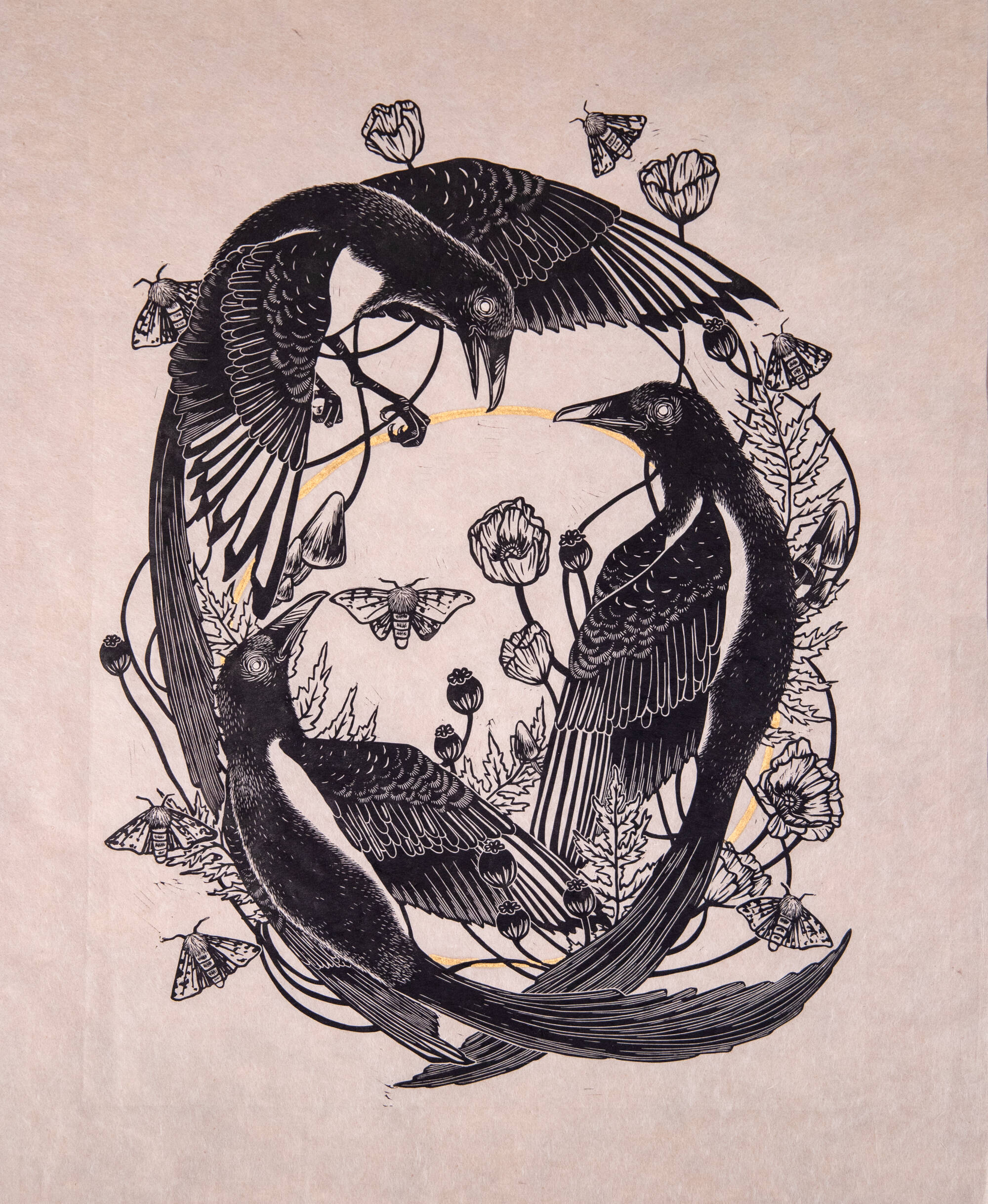 Black and white print of three crows in a circle like a wreath with small butterflies, flowers, and vines intertwined with the birds.